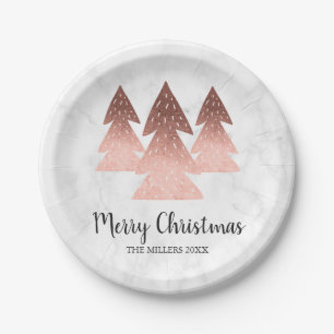 Elegant rose gold marble Merry Christmas tree Paper Plate