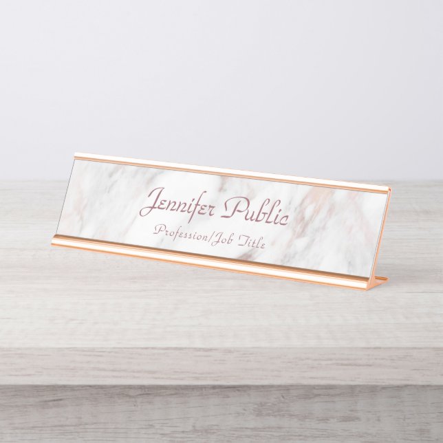 Elegant Rose Gold Marble Modern Template Trendy Desk Name Plate (Front)