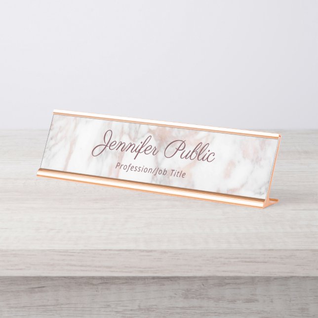 Elegant Rose Gold Marble Modern Typography Script Desk Name Plate (Front)