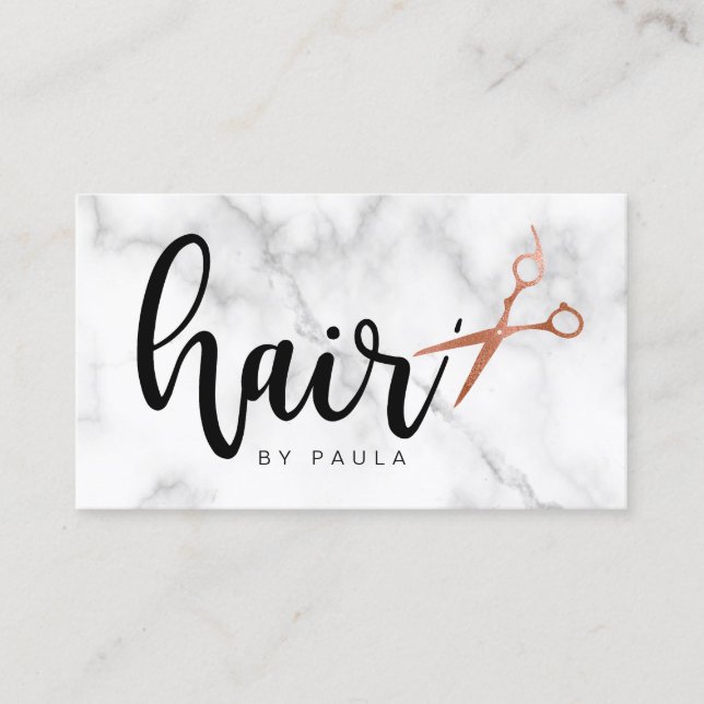 Elegant rose gold marble scissors hairstylist business card (Front)