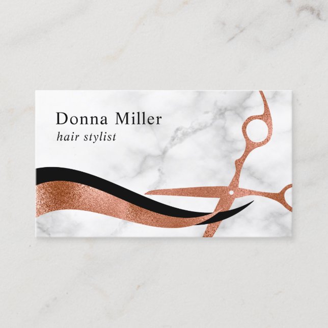 Elegant rose gold marble scissors hairstylist business card (Front)