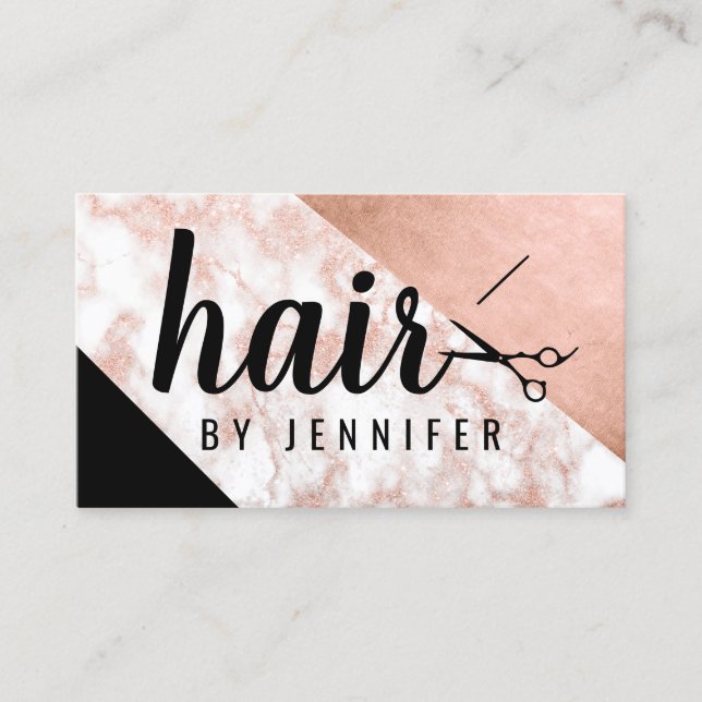 Elegant rose gold marble scissors hairstylist business card (Front)