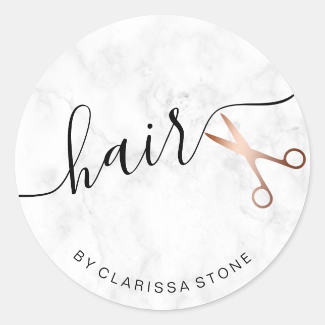 Elegant rose gold & marble scissors hairstylist classic round sticker (Front)