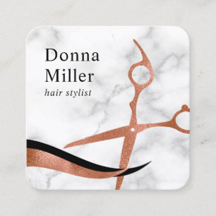 Elegant rose gold marble scissors hairstylist square business card