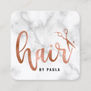 Elegant rose gold marble scissors hairstylist square business card