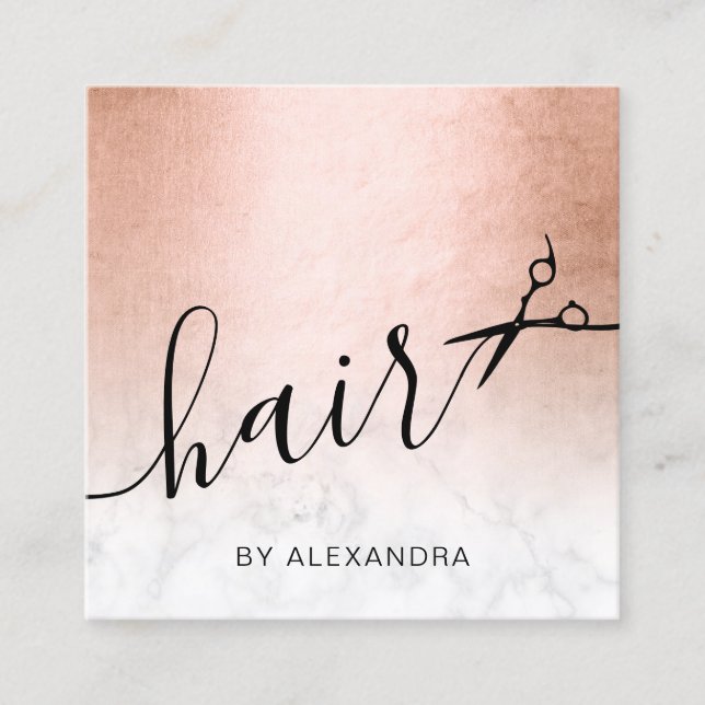 Elegant rose gold marble scissors hairstylist square business card (Front)