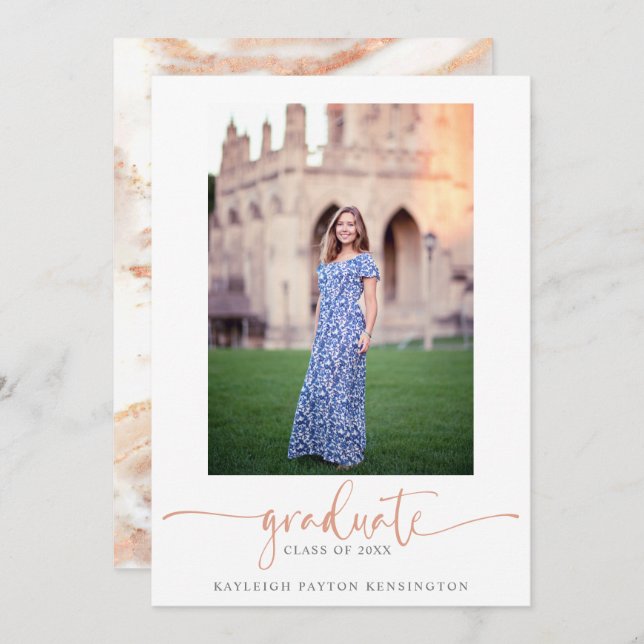 Elegant Rose Gold Marble Script Graduation Photo Announcement (Front/Back)
