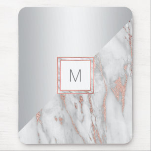 Elegant Rose Gold Marble Silver MONOGRAM Mouse Mat