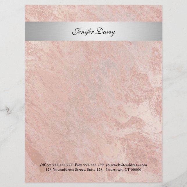 Elegant rose gold marble silver stripe custom letterhead (Front)