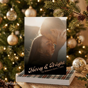 Elegant Rose Gold Merry & Bright Plaid Photo Foil Holiday Card