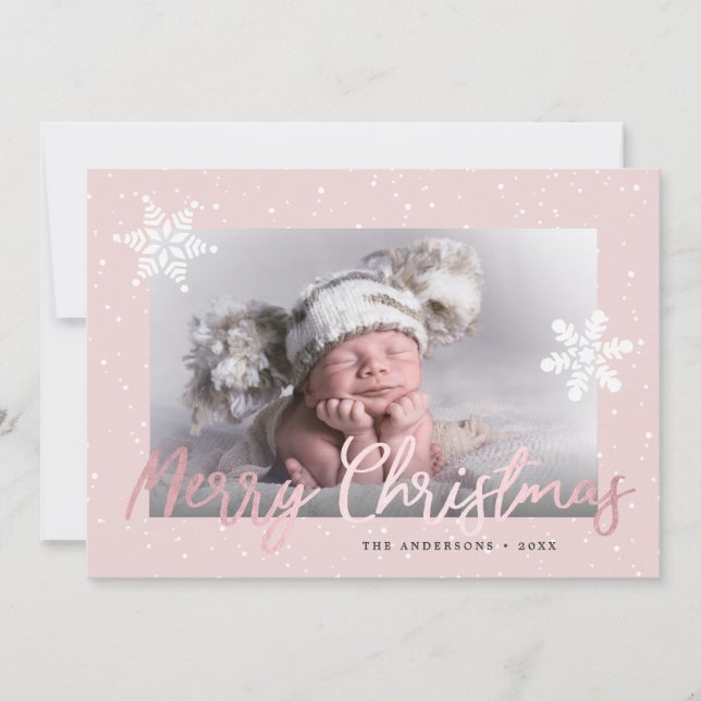Elegant Rose Gold Merry Christmas Custom Photo  Holiday Card (Front)