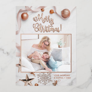 Elegant Rose Gold Merry Christmas, Photo, Message Foil Holiday Postcard