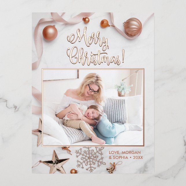 Elegant Rose Gold Merry Christmas, Photo, Message Foil Holiday Postcard (Front)