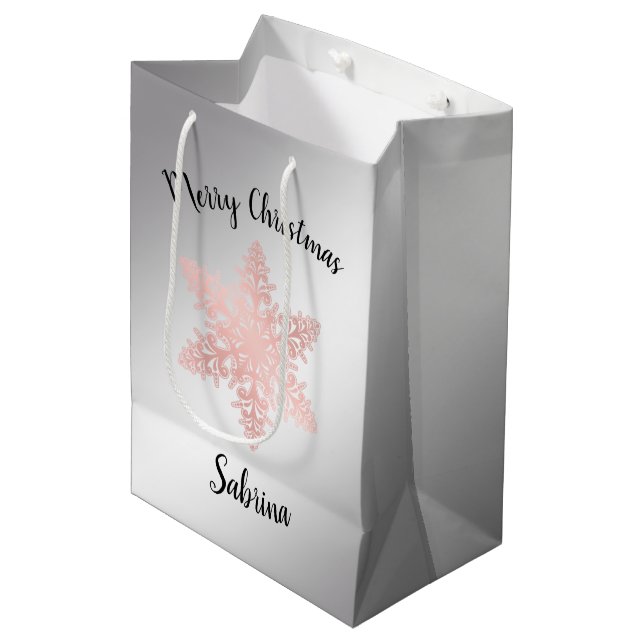 Elegant rose gold Merry Christmas snowflake Medium Gift Bag (Front Angled)