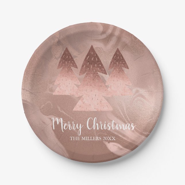 Elegant rose gold Merry Christmas tree marble Paper Plate (Front)