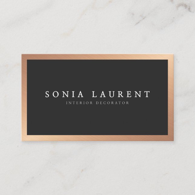 Elegant rose gold metallic frame minimalist black business card (Front)