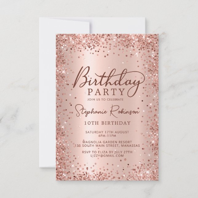 Elegant Rose Gold Metallic Glitter 10th Birthday  Invitation (Front)