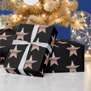 Elegant rose gold metallic look stars black wrapping paper