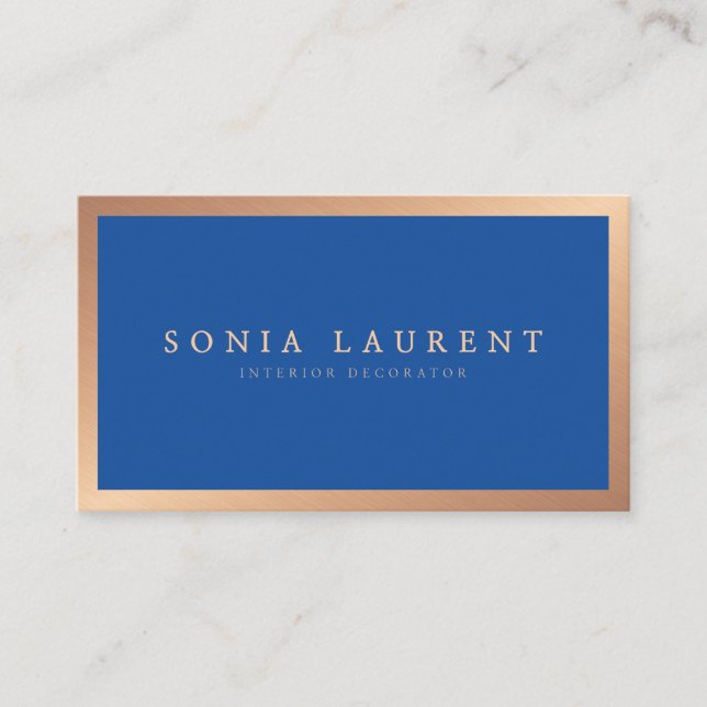 Elegant rose gold metallic royal blue minimalist business card (Front)