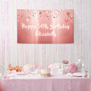Elegant Rose Gold Metallic Shimmer Stars Birthday Banner