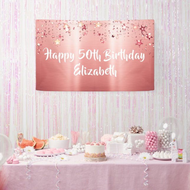 Elegant Rose Gold Metallic Shimmer Stars Birthday Banner (Party)