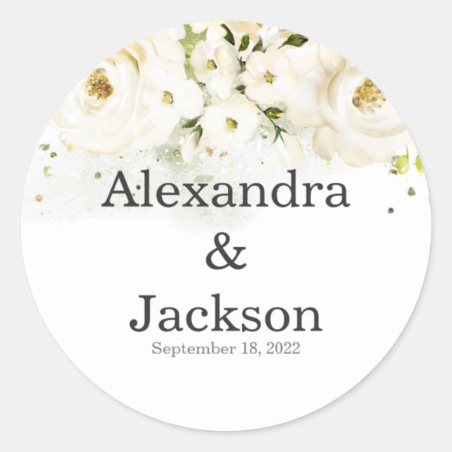 Elegant Rose & Gold Modern Font Wedding Favour Classic Round Sticker (Front)