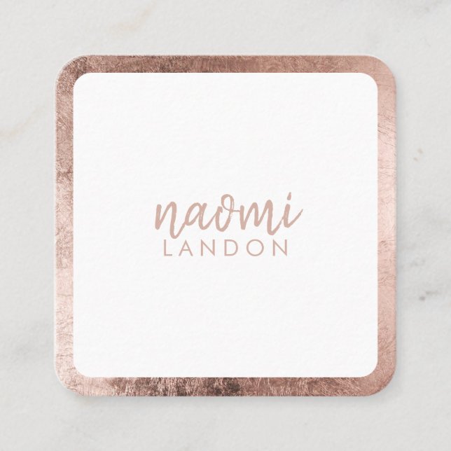 Elegant rose gold modern square minimalist white square business card (Front)