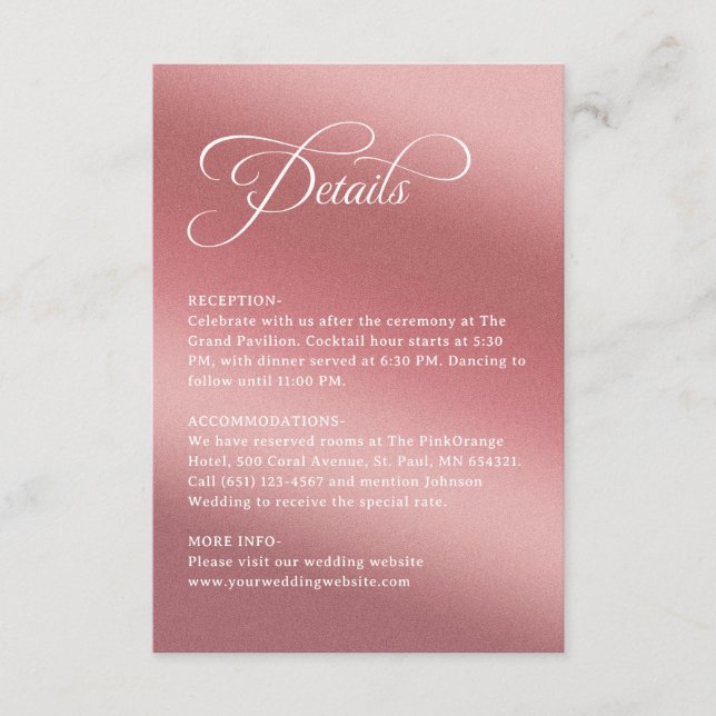 Elegant Rose Gold Modern Wedding Details Enclosure Card (Front)