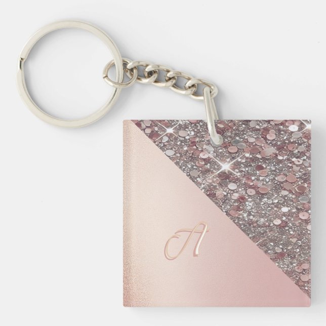 Elegant Rose Gold Monogram Button Key Ring (Front)