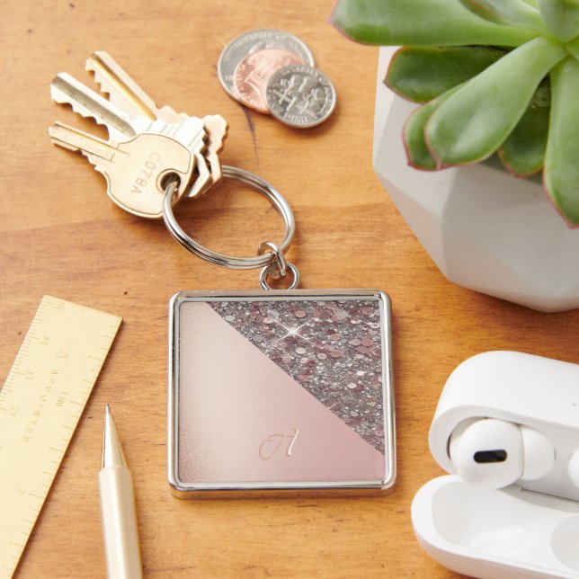 Elegant Rose Gold Monogram Button Key Ring (Desk)