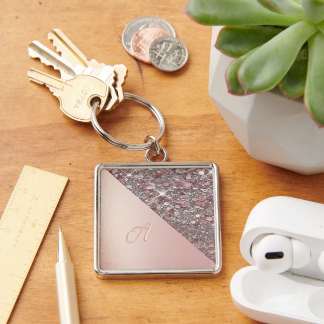 Elegant Rose Gold Monogram Button Key Ring (Desk)