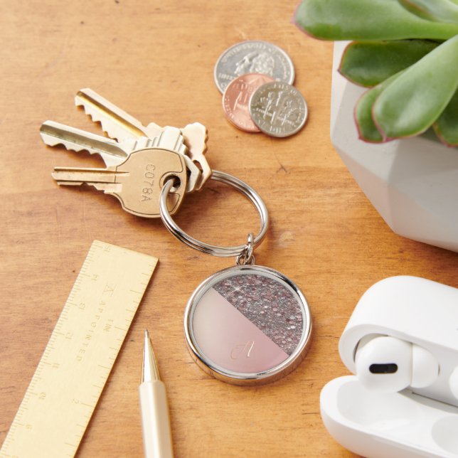 Elegant Rose Gold Monogram Button Key Ring (Desk)