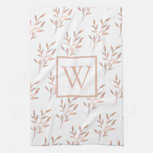 Elegant Rose Gold Monogram Foliage  Tea Towel