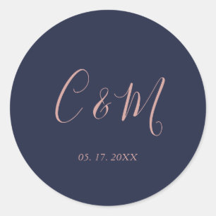 Elegant Rose Gold Monogram Navy Wedding Classic Round Sticker