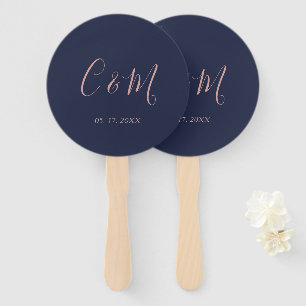 Elegant Rose Gold Monogram Navy Wedding Hand Fan