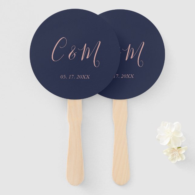 Elegant Rose Gold Monogram Navy Wedding Hand Fan (Front and Back)