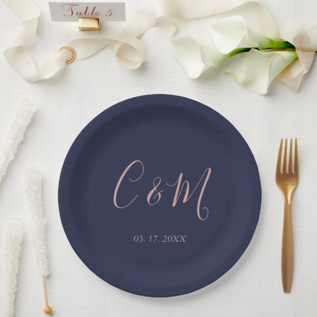 Elegant Rose Gold Monogram Navy Wedding Paper Plate (Wedding)