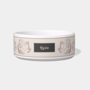 Elegant Rose Gold Monogram Pet Bowl with Roses