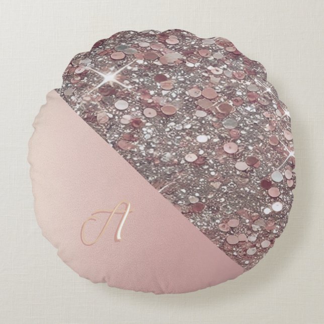 Elegant Rose Gold Monogram Round Cushion (Front)