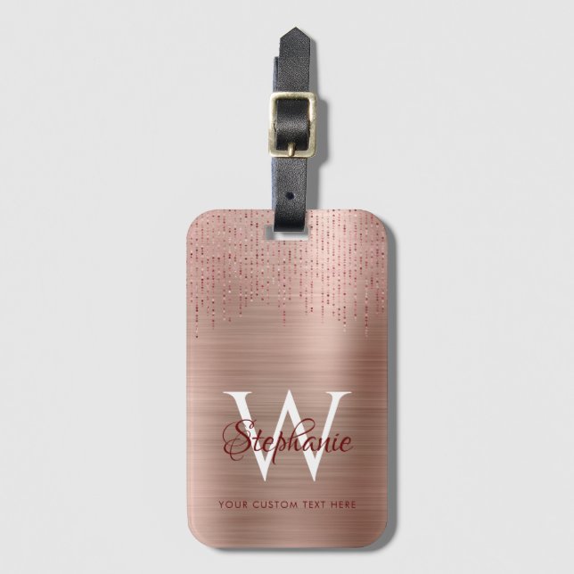 Elegant Rose Gold Monogram Sparkle Luggage Tag (Front Vertical)
