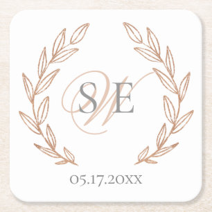 Elegant Rose Gold Monogram Wedding Square Paper Coaster