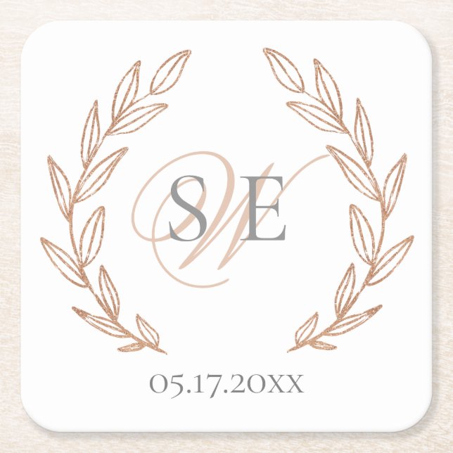 Elegant Rose Gold Monogram  Wedding  Square Paper Coaster (Front)