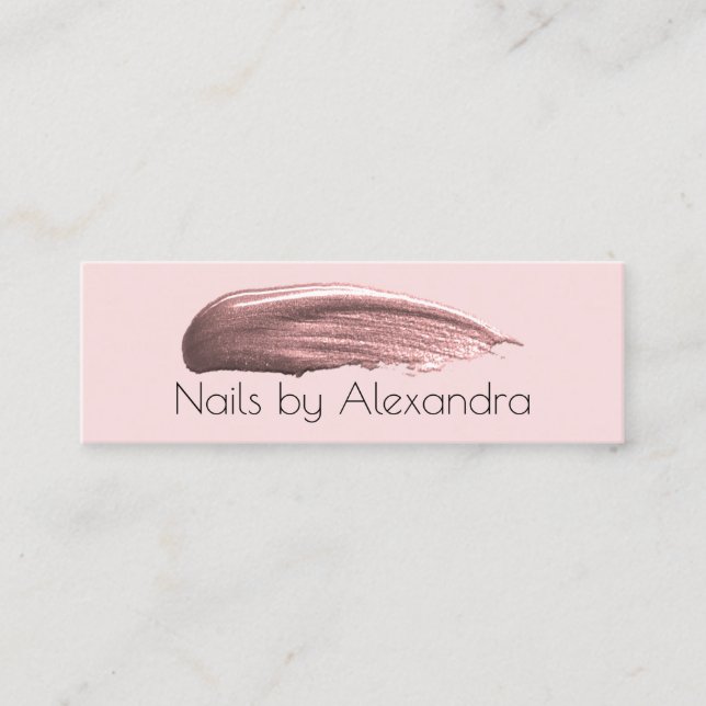 Elegant rose gold nail polish stroke pastel pink mini business card (Front)