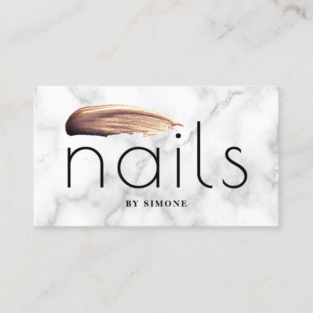 Elegant rose gold nail polish stroke white marble business card (Front)