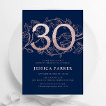 Elegant Rose Gold Navy 30th Birthday Invitation<br><div class="desc">Elegant rose gold navy blue 30th birthday party invitation. Customisable modern feminine design featuring roses botanical accents and faux glitter rose gold. Simple floral invite card perfect for a stylish female bday celebration. Personalise with your own details. Printed Zazzle invitations or instant download digital printable template.</div>