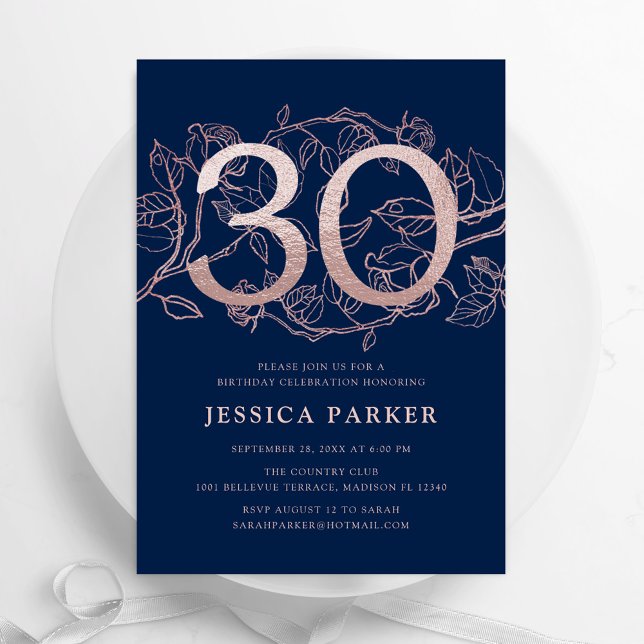 Elegant Rose Gold Navy 30th Birthday Invitation (Creator Uploaded)