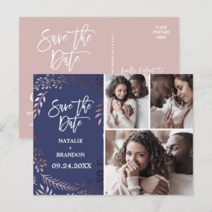 Elegant Rose Gold   Navy 3 Photo Save the Date Announcement Postcard