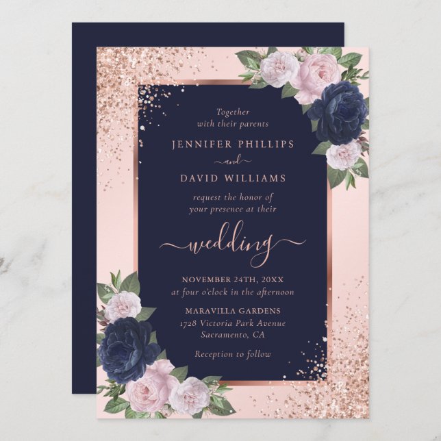 Elegant Rose Gold Navy Blue Blush Floral Wedding Invitation (Front/Back)
