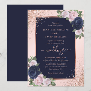 Elegant Rose Gold Navy Blue Blush Floral Wedding Invitation
