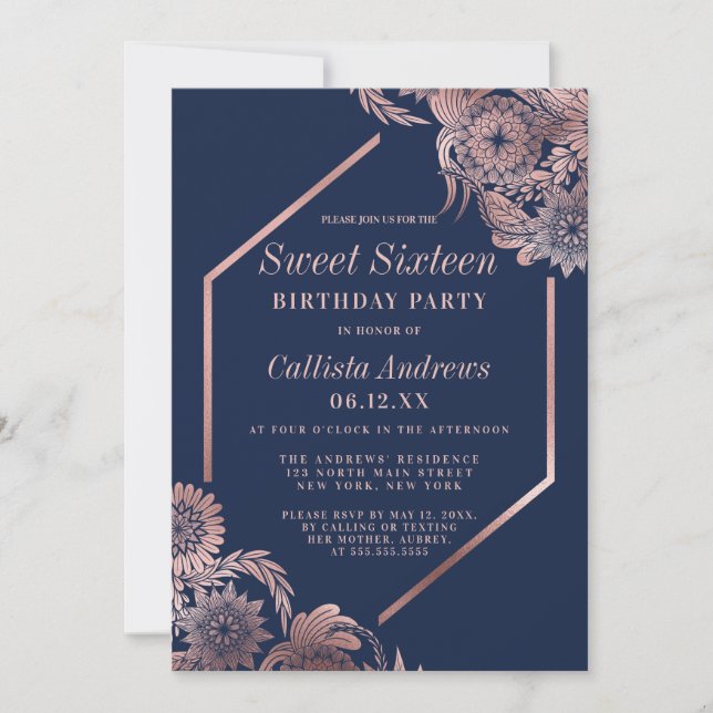 Elegant Rose Gold Navy Blue Floral Frame Sweet 16 Invitation (Front)